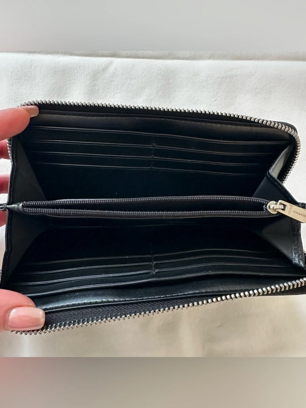 COACH Signature C Black Charcoal Canvas Leather Accordion Zip Around Wallet Long